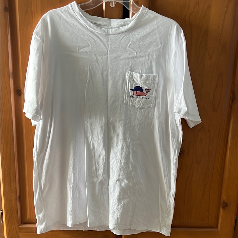 Vineyard Vines White Short Sleeve Pocket Tee with Navy & Pink Whale Logo